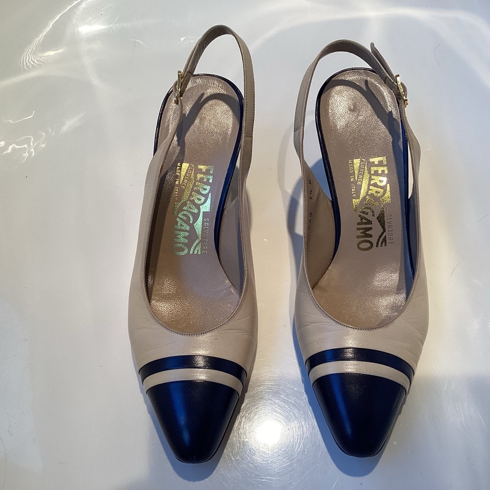 Salvatore Ferragamo Women's Cream and Navy Slingback Heels